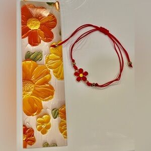 Dual Purposed Red Cord Bracelet with Red Daisy Charm and Matching Bookmark